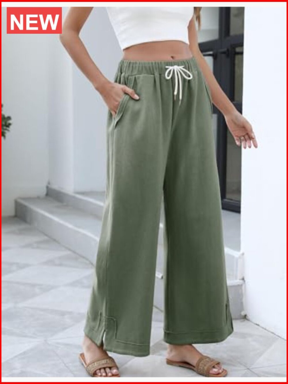 Wide Leg Palazzo Pants Elastic Waist Drawstring Lounge Trousers with Pockets - Picture 2 of 7